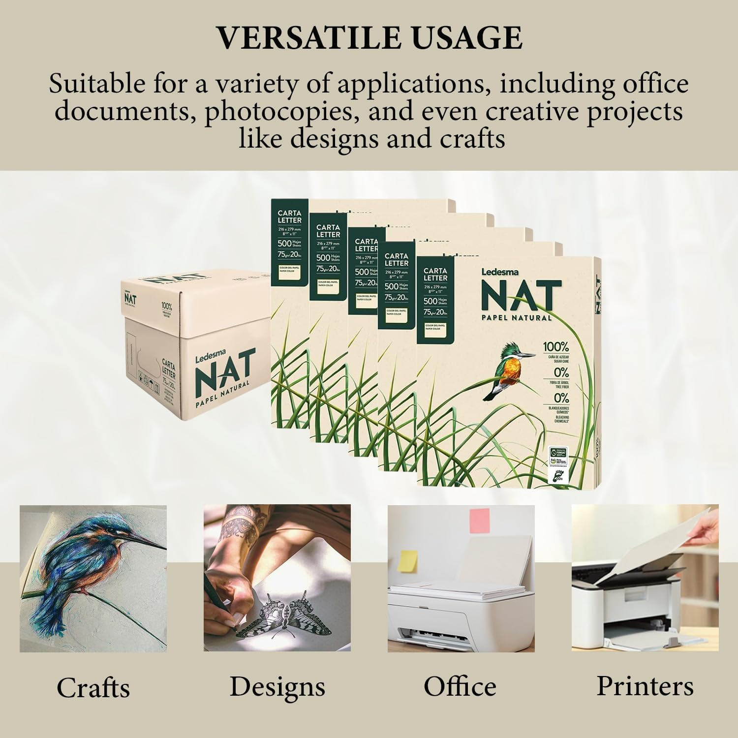Ledesma NAT, Letter Size (8.5"x11") Natural Sugarcane Pulp Printer Paper, For All Office And Photocopy Printers, Designs, Crafts (5 Reams (2500 Sheets))