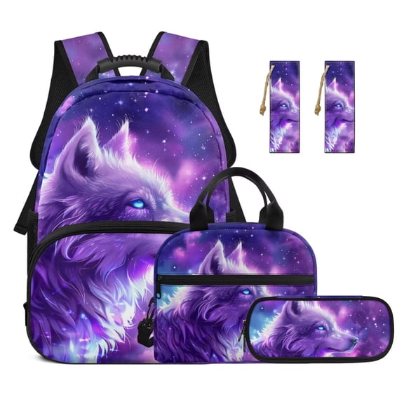 Yuyamidu Wolf Backpack with Lunch Box for School Boys 10-12 Middle School Book Bag with Lunch Tote Bag and Pen Case Bookmarks 5 in 1 Purple Galaxy School Bag Set for Kids Girls 3rd Grade