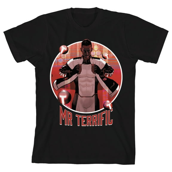 The Justice League Mr. Terrific Circular Frame Name Text Boys Black Crew Neck Short Sleeve Tee-Medium