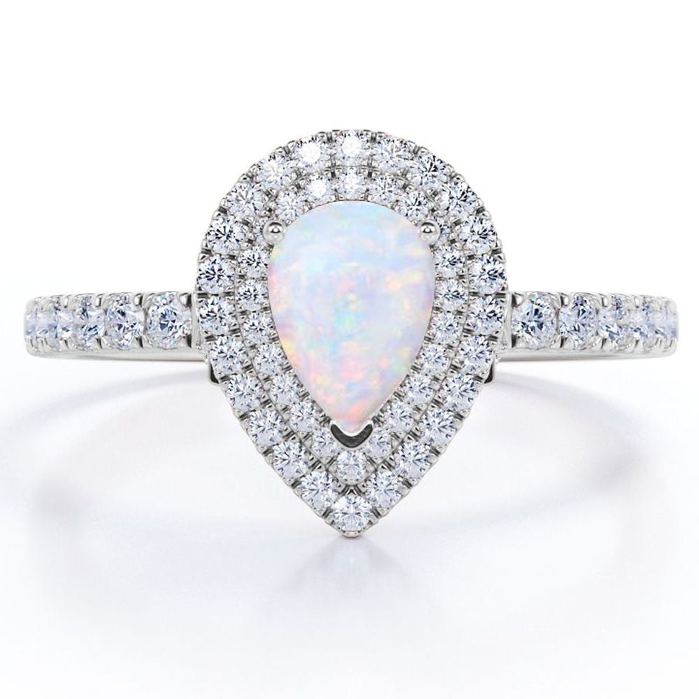 JeenMata Pave Set 1.5 Carat Pear Shaped White Opal and Moissanite Double Halo Cluster Engagement Ring in 18K White Gold Plating over Silver