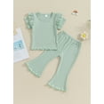 thumbnail image 3 of Musuos Toddler Girls Spring Outfits 1-5T Fly Sleeve Solid Color Rib T-Shirts Tops Elastic Waist Flare Pants 2Pcs Clothes Set, 3 of 10