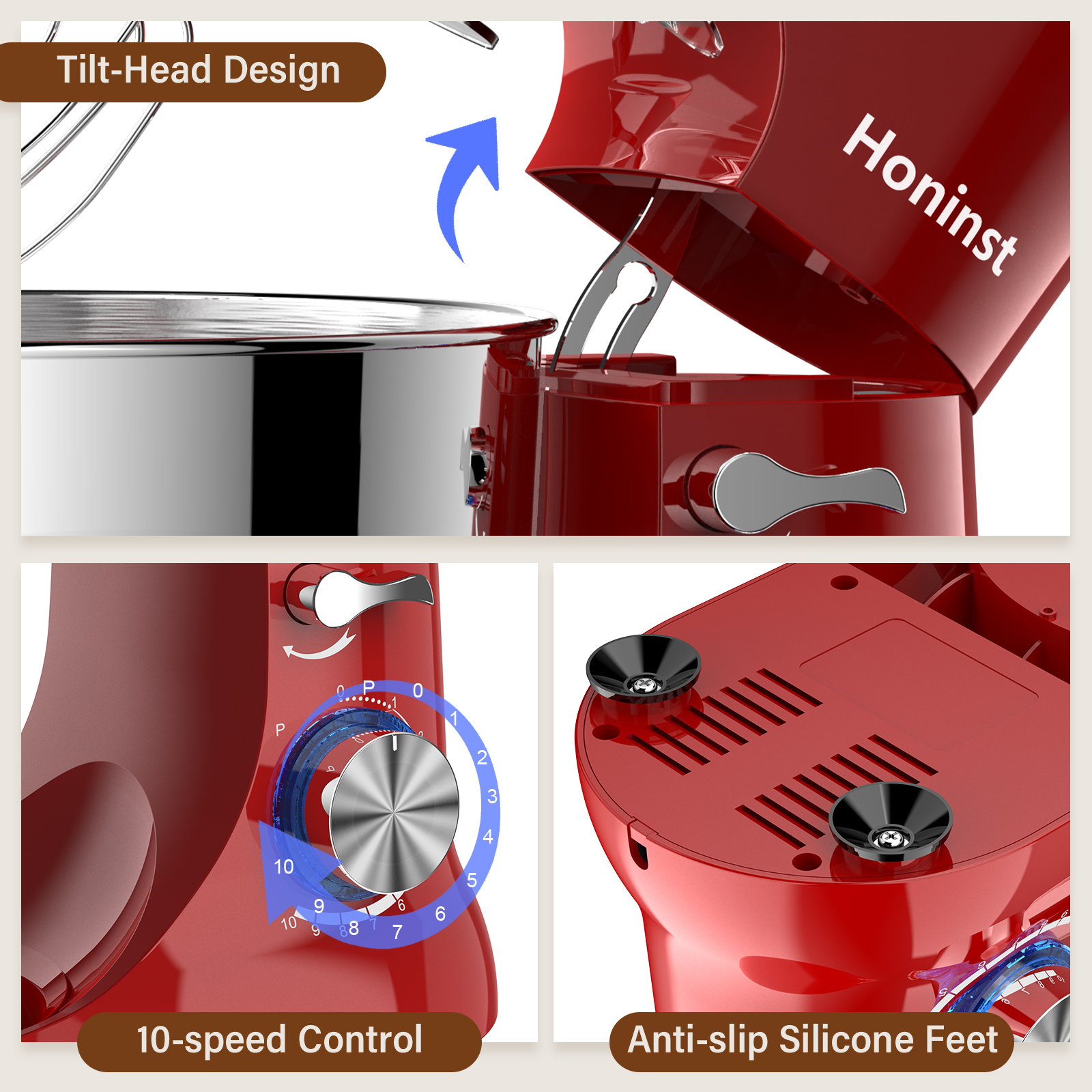 Honinst 6 QT Stand Mixer, Lightweight 10+P Speeds with Tilt-Head Electric Mixer, Kitchen Mixer with Dough Hook, Whisk, Beater, Bowl for Baking, Cake and Most Home Cooks