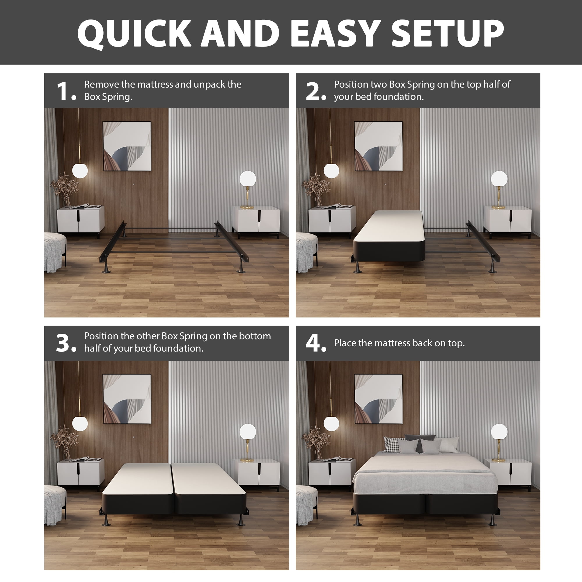 Continental Sleep, Box Spring Bed Base Full Size, 4-Inch Wood Mattress Foundation, Quiet Noise Free, 2-Pieces Under Mattress Support BoxSpring, Fully Assembled, Black