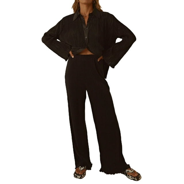VISgogo, conjunto de ropa informal de 2 uds para mujer, estampado de flores/patrón abstracto, botones de solapa, camisas de manga larga, Tops con pantalones largos sueltos VISgogo moda