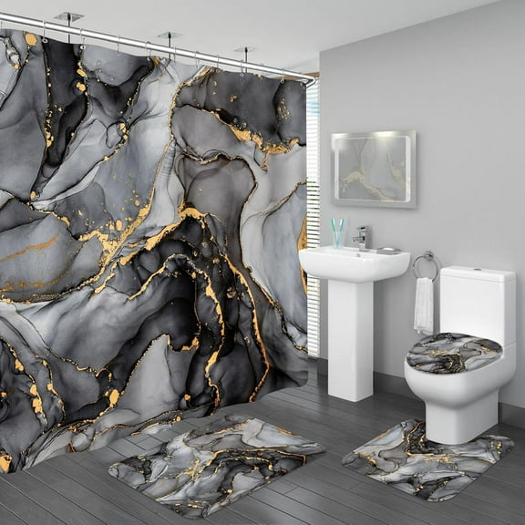 4PCS Grey Marble Bathroom Sets with Shower Curtain and Rugs, Abstract Shower Curtain Sets with Rugs for Bathroom, Gold Bathroom Curtains Shower Set with Toilet Lid Cover Accessories