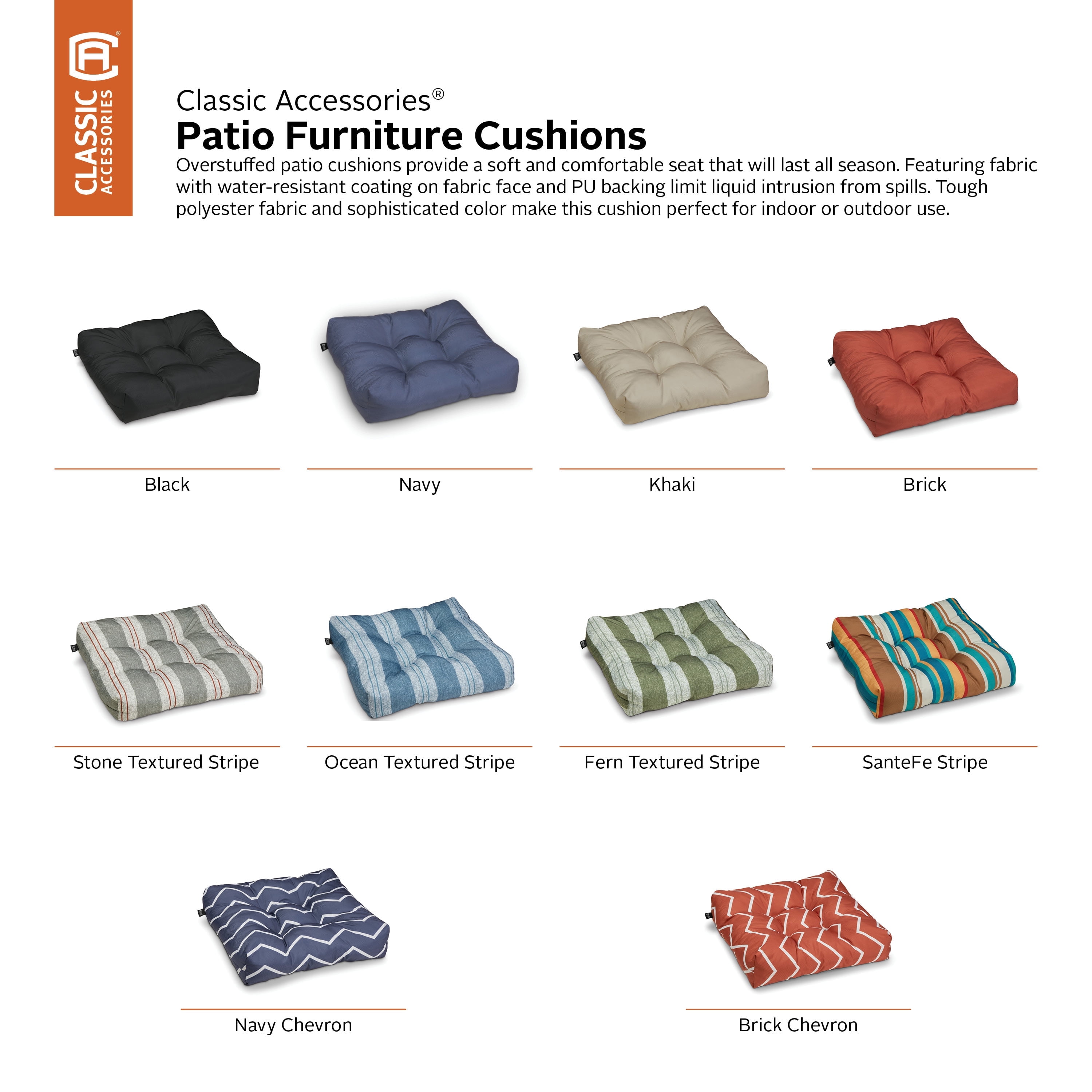 Classic Accessories Water-Resistant Square Patio Seat Cushions, 19 x 19 x 5 inch, Brick, 2 Pack