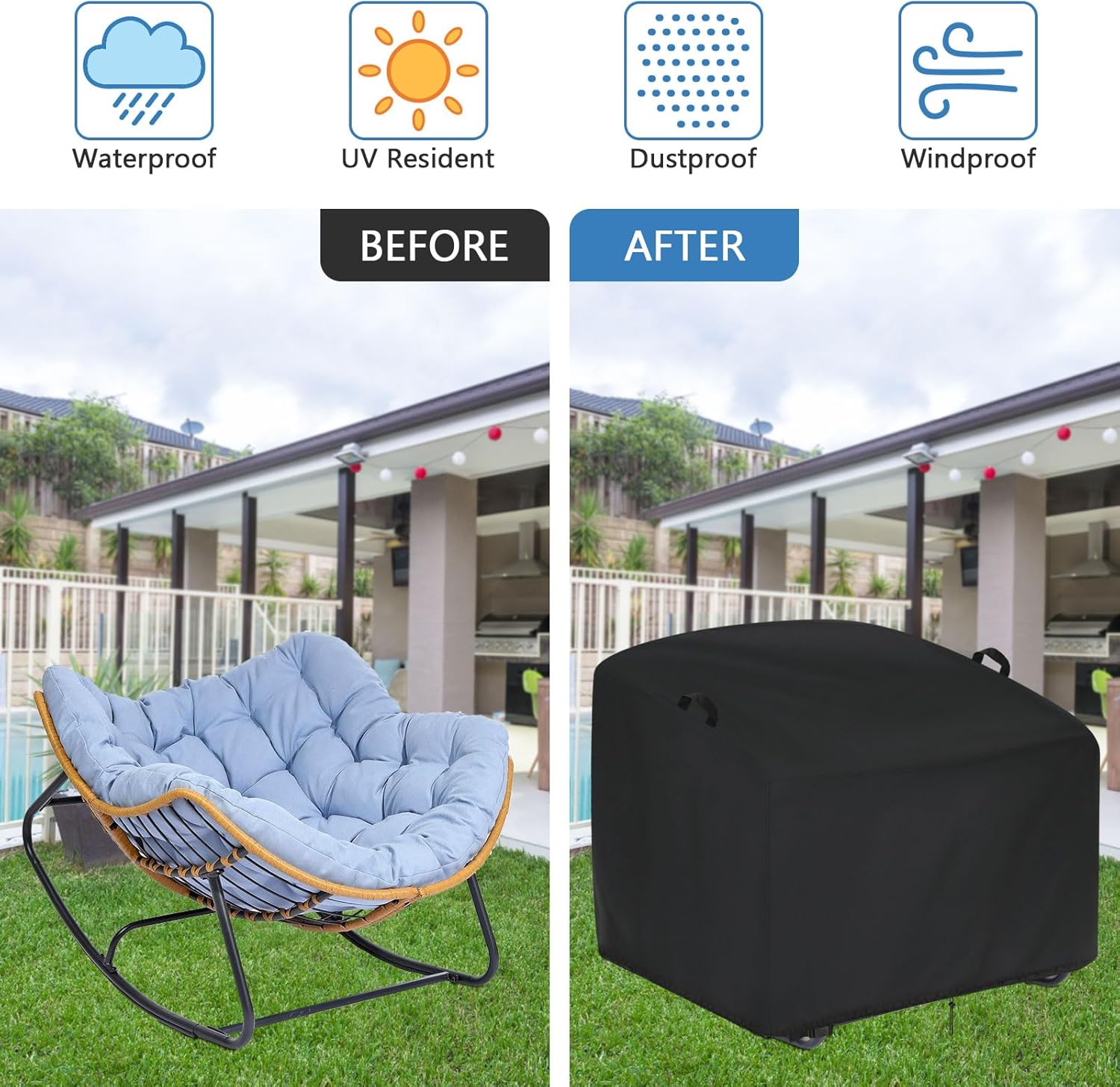 POMER Outdoor Papasan Rocking Chair Cover, 41inch Waterproof Patio Oversize Rocking & Rattan Wicker Papasan Chairs Cover