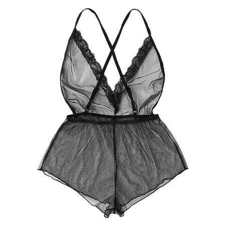 MSJUHEG Underwear Women Womens Women Lace Trim V-Neck Backless Cross Strap Bodysuit Jumpsuit Pajamas Plus Size Black S