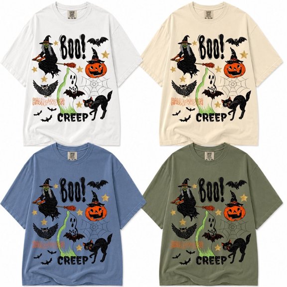 Boo Halloween Shirt, Retro Witch Ghost Black Cat Graphic Tee, Vintage Creep Spooky Season Gift for Women Men, Unisex