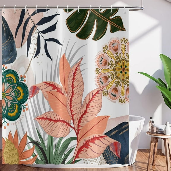 Boho Floral Shower Curtain Bohemian Plant Tropical Leaves Colorful Flower Bath Curtain with Hooks Mid Century Modern Shower Curtains for Bathroom Waterproof Polyester Fabric Home Decor 72Wx72L