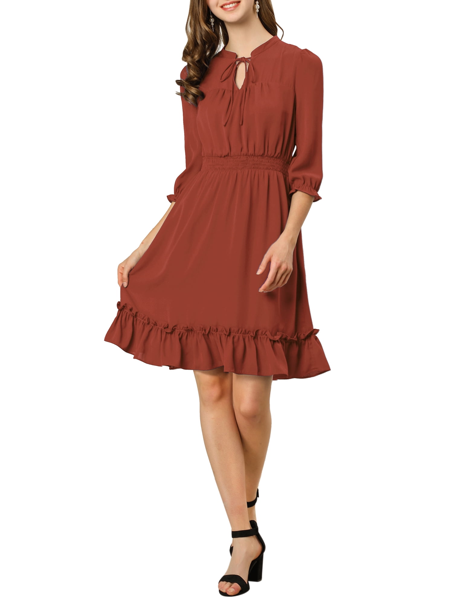 DARING DIVA Tie V Neck Chiffon 3/4 Sleeve Smocked Mini A-Line Dress L Candy