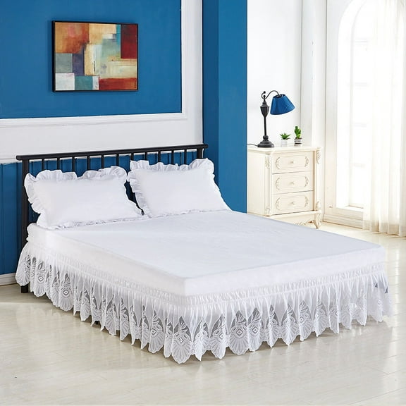 ERDOUY Lace White Bed Skirt, Queen Size 59×78×15IN Elastic Bed Skirt, 1 Piece Lace Design Dust Ruffle No Bed Top Cover,Style A