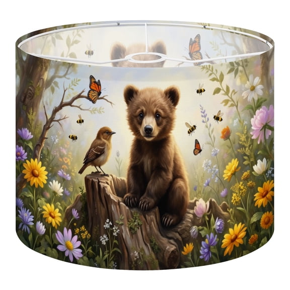 Linen Drum Lampshades Adorable Bear Cub Bird Surrounded by Flowers Butterflies Peaceful 13"x13"x10" Light Shade for Table Lamps Floor Lamp Shades Lampshade Replacement Assembly Required