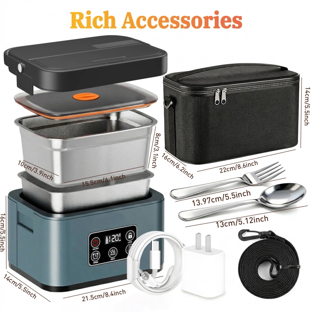 Jinghua 1.5 L Rechargeable Electric Heated Lunch Box Self-Heating Lunch Box Insulated Lunch Box for Work Travel Car Office School