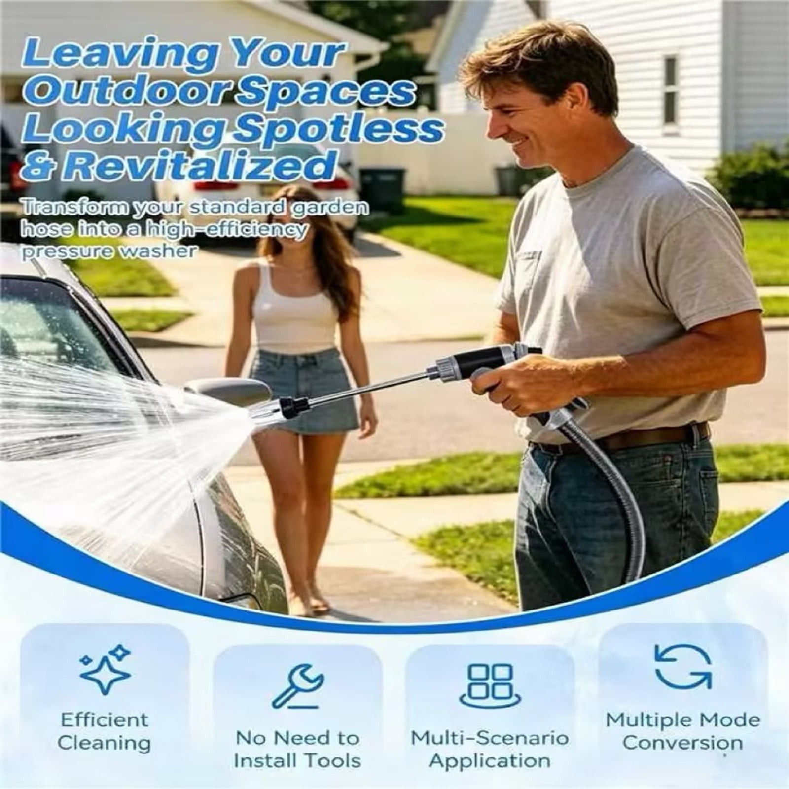 EBCUE 2026 Upgrade Turn Any Hose into a High Pressure Water Cleaning Jet, Power Jet Washer with High Pressure Hose Nozzle, Multi Function Lawn & Garden Watering Sprayer for Yard Car