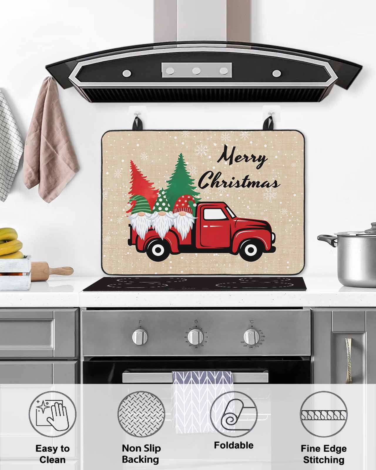 Large Induction Cooktop Protector Mat Red Christmas Stove Top Covers for Electric Stove, Truck Gnomes Xmas Tree Snowflake Winter Decorative Stove Burner Cover Mats, Glass Top Stove Cover