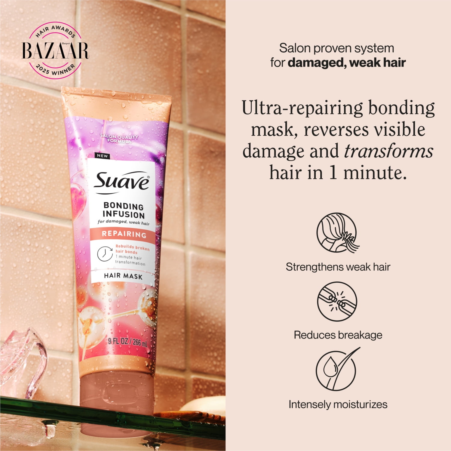 Suave Bonding Infusion Repairing Hair Mask for Damaged Hair Treatment, Deep Conditioning for Dry, Colored Strands, 9 fl oz