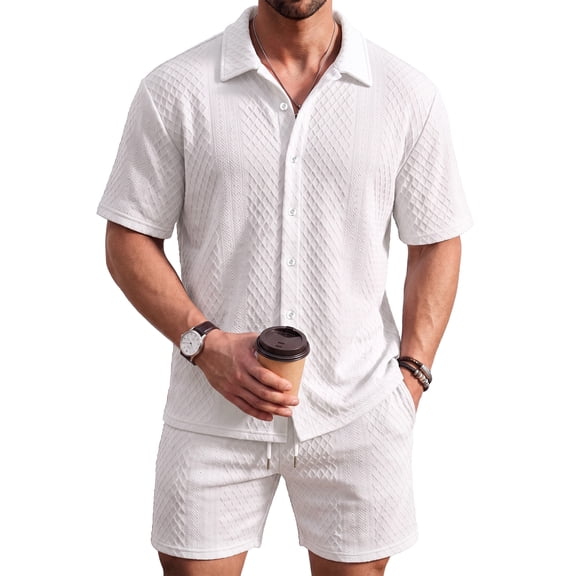 RICHCOIN Men's 2 Piece Outfits Textured Knit Short Sleeve Button Down Shirts and Shorts Old Money Casual Sets