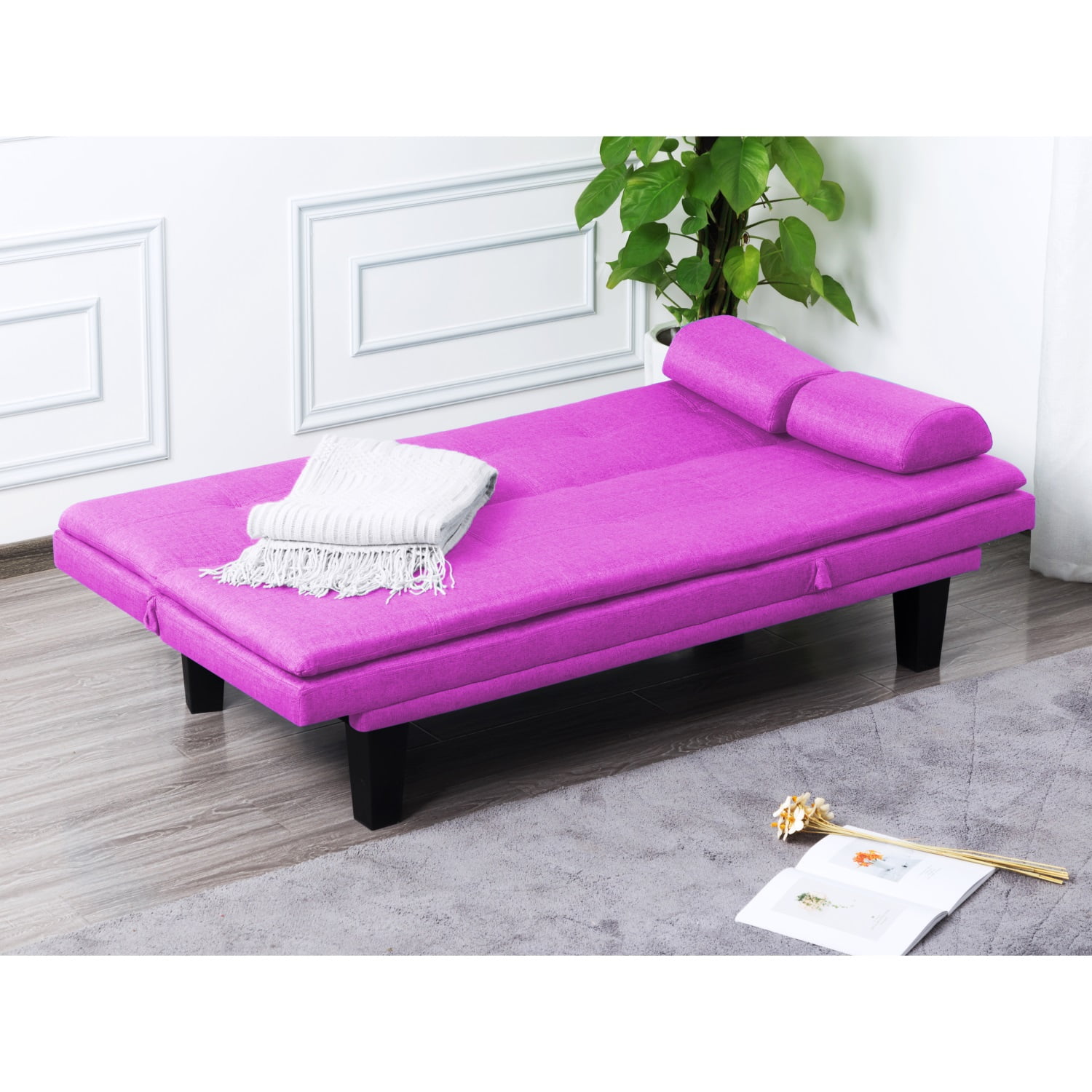 Kadyn 63.4" Futon Sofa bed, Polyester Upholstered Sofa bed with 2 arm cushions, Modern Futon Sofa bed for apartment, Purple