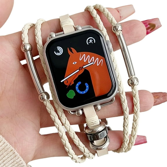 Boho Leather Rope Bands for Apple Watch 49mm 45mm 44mm 42mm 41mm 40mm 38mm, Braided Bracelet with Metal Rings Multi-Strap Jewelry Watch Band Compatible with iWatch Series 10 9 8 7 6 5 4 3 2 SE Ultra