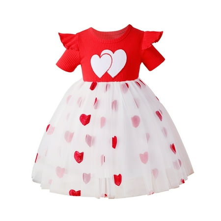 

YDOJG Dresses for Girls Short Sleeve Hearts Embroider Dresses Valentines Day Tulle Princess Dress Red 18-24 Months