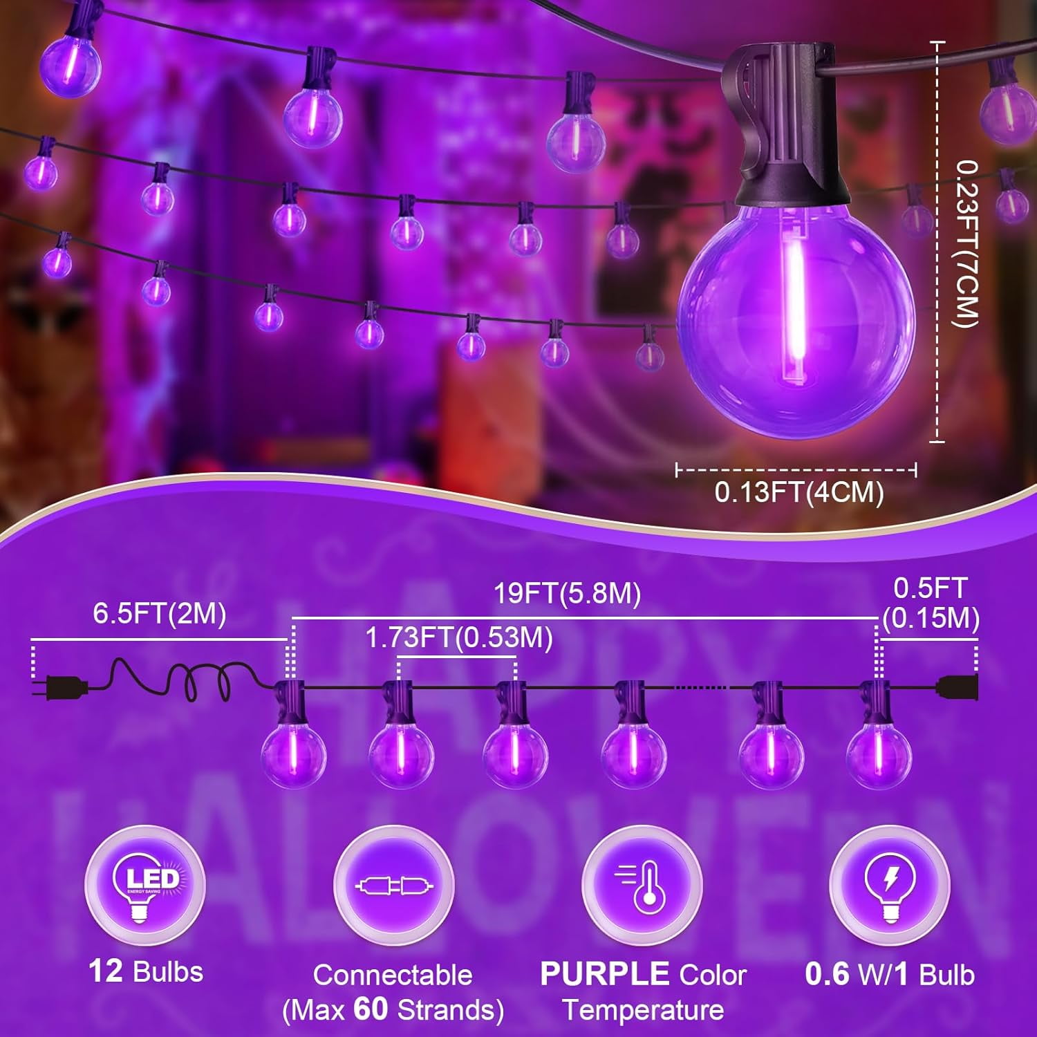 G40 LED Outdoor Halloween String Lights, 26FT Patio Light with 12+1 Edison Shatterproof Bulbs(1Spare), Outside Lights connectable for Backyard Porch Decor,Purple