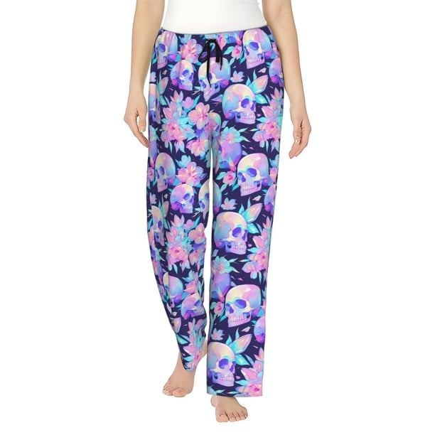 Balery pinkk flower crystal Skull Pantalones de pijama para mujer, pijamas ultraligeros, pantalones de estar por casa-Small