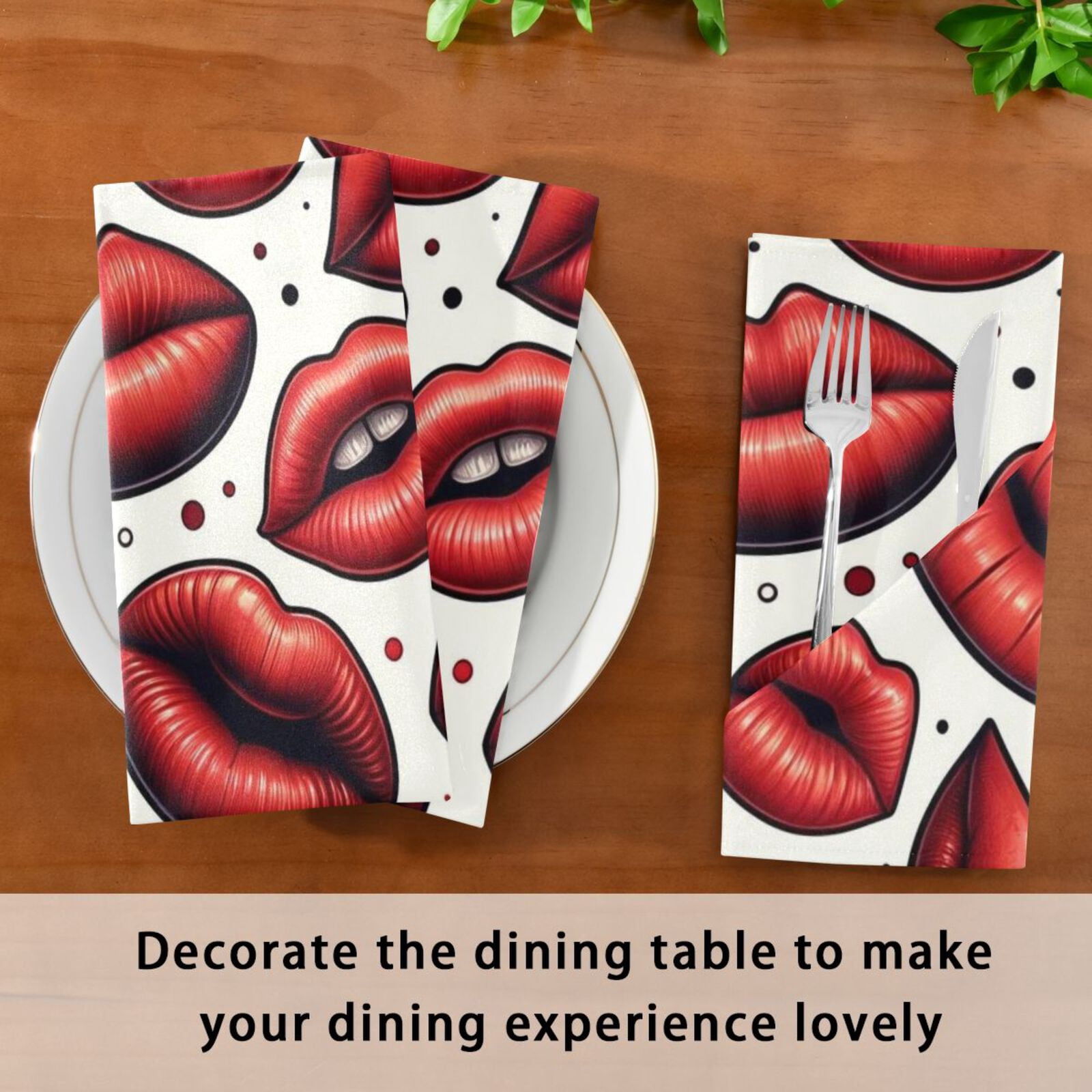 JSTEL Red Lips Polka Dots Cloth Napkins Set of 6, 20x20 Inch Washable and Reusable Napkin for Decoupage Dinner Party Everyday Use
