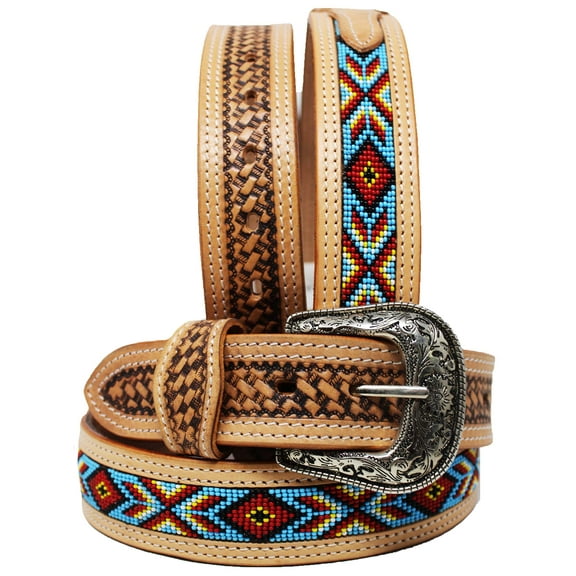 35-36  Unisex 1.5" Western Floral Tooled Beaded Full-Grain Leather Belt 26RT31