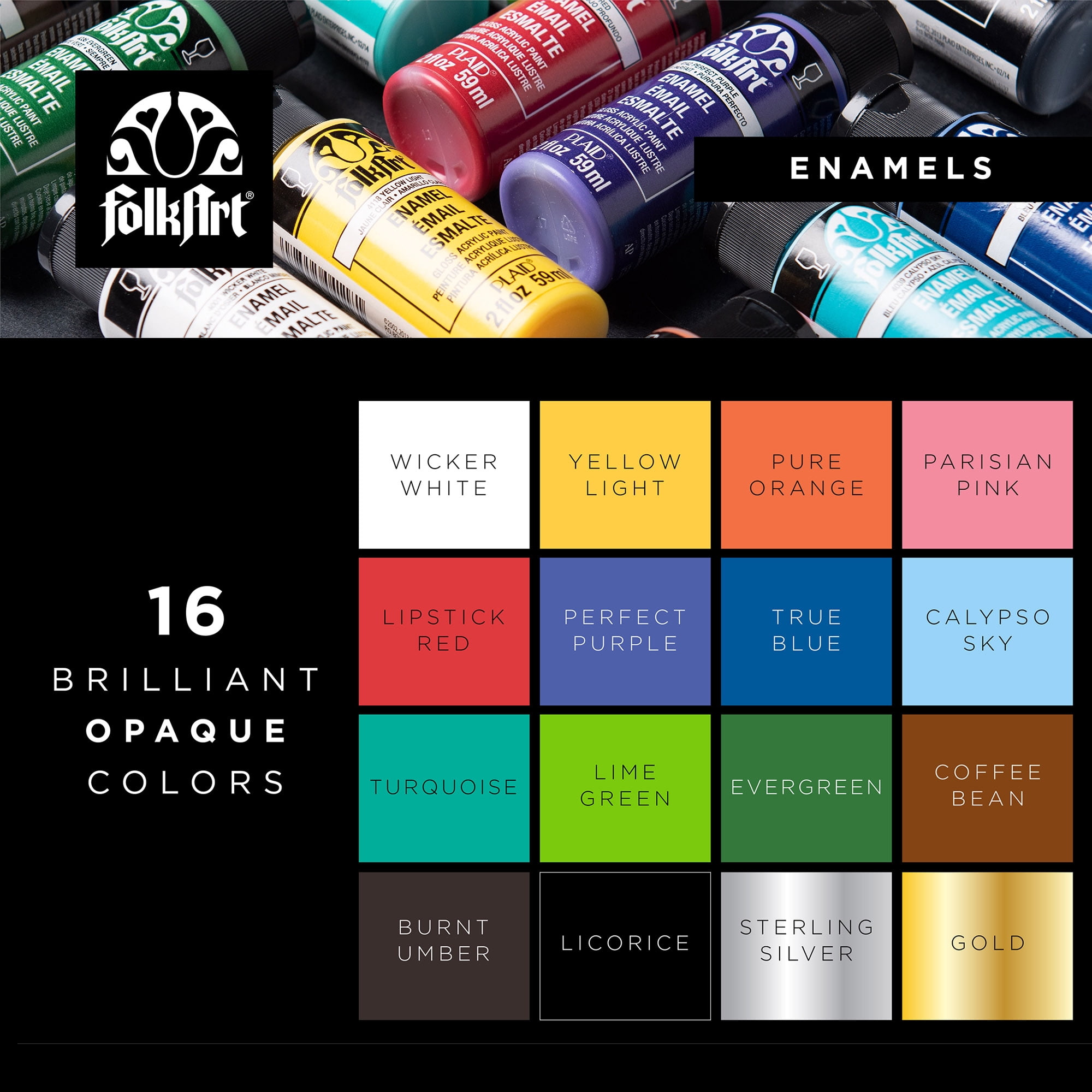FolkArt Enamel Glass Acrylic Craft Paint Set, Gloss Finish, Multicolor, Set of 16, 2 fl oz