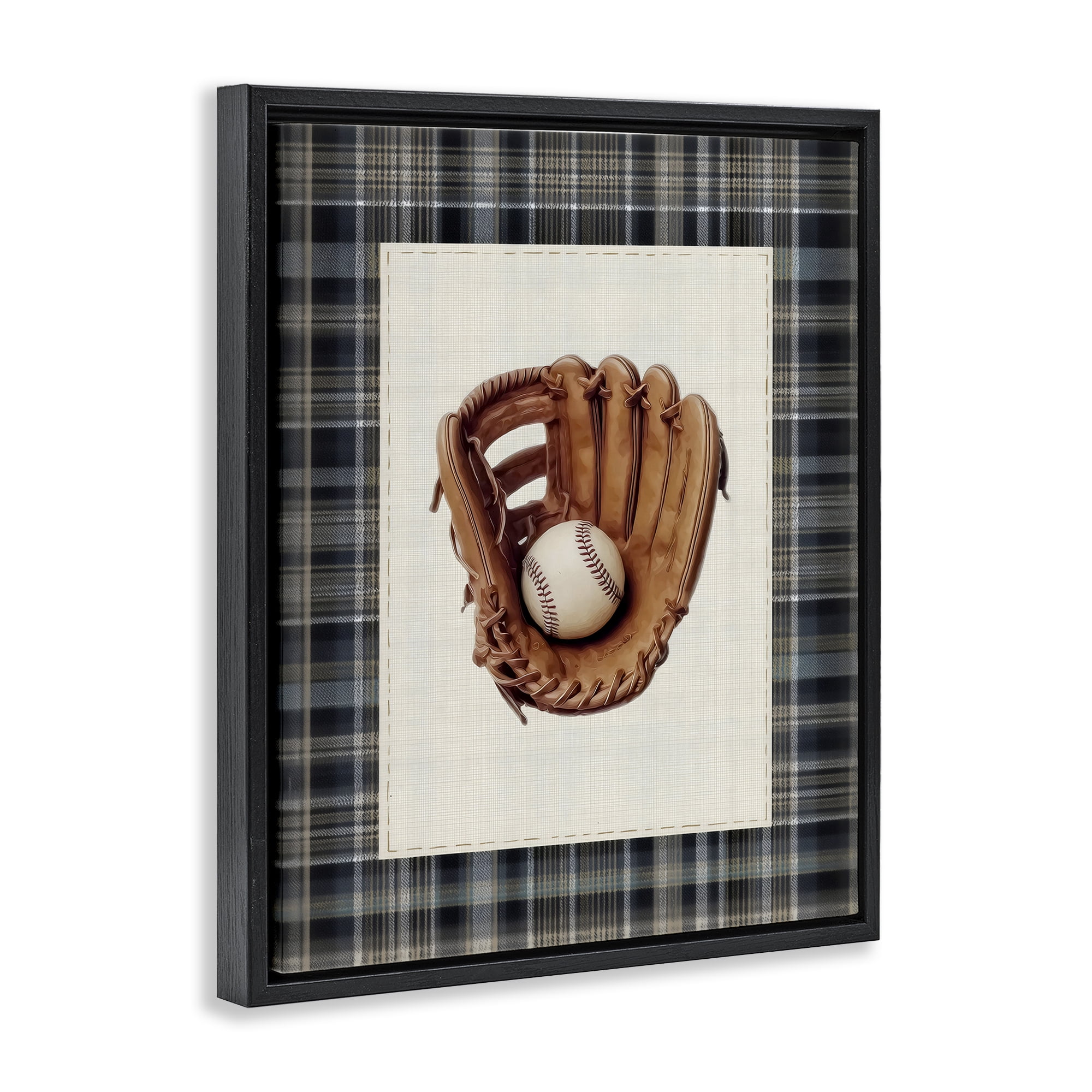 Stupell Industries Baseball Glove with Plaid Black Framed Floater Canvas Wall Art, design by Arlington Prints