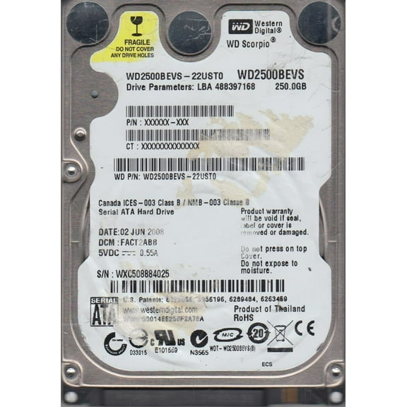 WD2500BEVS-22UST0, DCM FACT2ABB, Western Digital 250GB SATA 2.5 Hard Drive