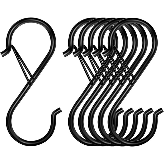 Minzimin 6/12/20 Pcs S Hooks for Hanging, 3.5 inch Safety Buckle Design Heavy Duty Metal Black S Hooks for Hanging Plants, Pots, Pans, Cups, Clothes, Towels, Bags in Kitchen, Bathroom, Closet, Garden