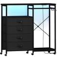 thumbnail image 4 of 3-in-1 Dresser with Clothes Rack, 4 Drawers, Charging Station, LED Lights, and Wheels, Rustic Brown Storage Chest for Bedroom, Living Room, Hallway（Textured Matte Black）, 4 of 10