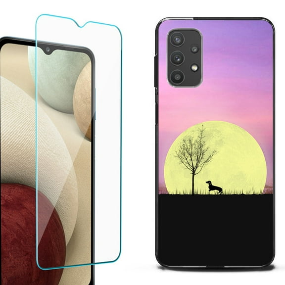 Slim-Fit Flexible TPU Gel Phone Case (black) for Samsung Galaxy A32 5G, with Tempered Glass Screen Protector, by OneToughShield ® - Moonlight Dachshund