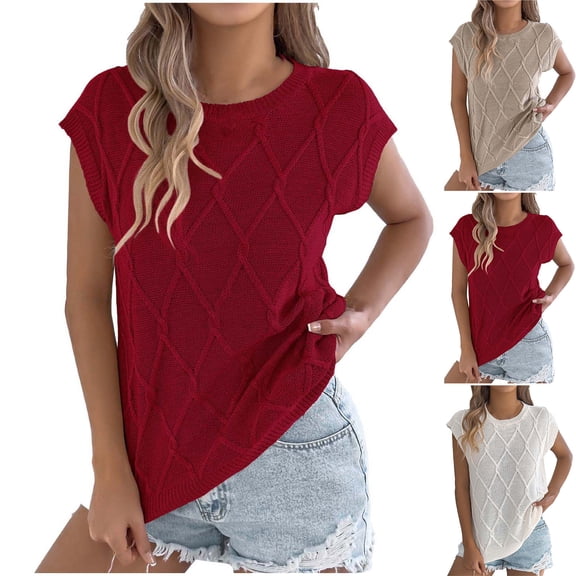 Horkkom Short Sleeve Blouses for Women Crew Neck Solid Color Pullover Sweaters Summer Loose Casual Tops L