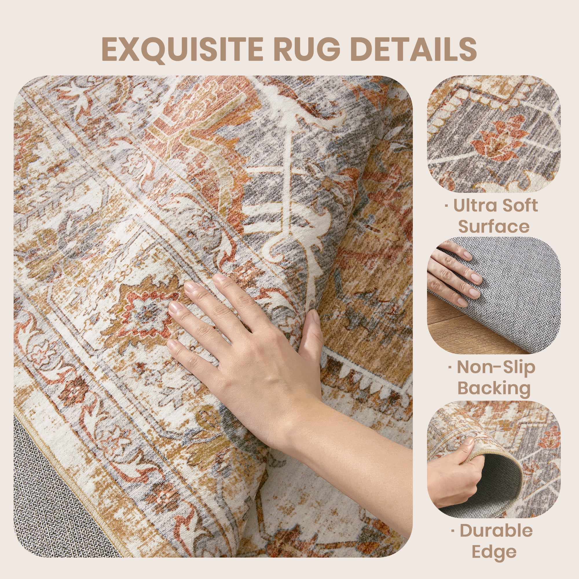 oxstand 2'x12' Washable Runner Rug for Hallway Entrance Bedroom Entryway, Vintage Non Slip Stain Resistant Kitchen Rugs, Turmeric