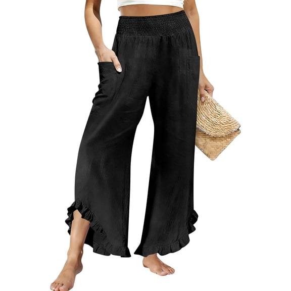 LNWUY Linen Pants Women Smocked High Waisted Wide Leg Cropped Pants with Pockets Cute Ruffle Boho Flowy Beach Pants Black XL
