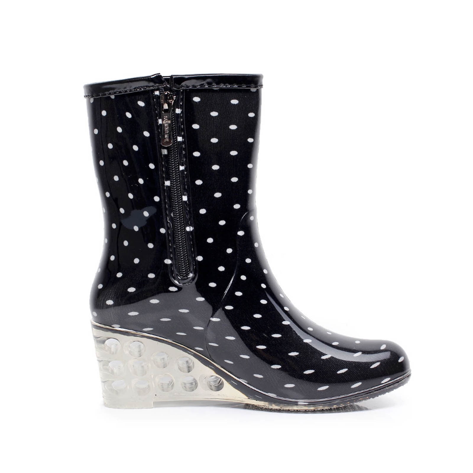 FRSASU Women's Mid Calf Rain Boots Waterproof Garden Shoes Buckle Side Zipper High-heeled Transparent Wedge Rain Shoes On