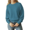 thumbnail image 2 of Women Striped Sweater Long Sleeve Fall Round Neck Pullover Knit Tops Cute Casual Oversized Y2K Clothes Solid Haze Blue L, 2 of 9