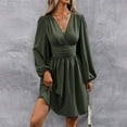 thumbnail image 6 of WTOBBY Women's Fashionable Solid Color V-Neck Long Sleeve Pleated Versatile Dress Lantern Sleeve Detail for Unique Style Flowy Pleats for Movement Wardrobe Essential,Army Green L, 6 of 8