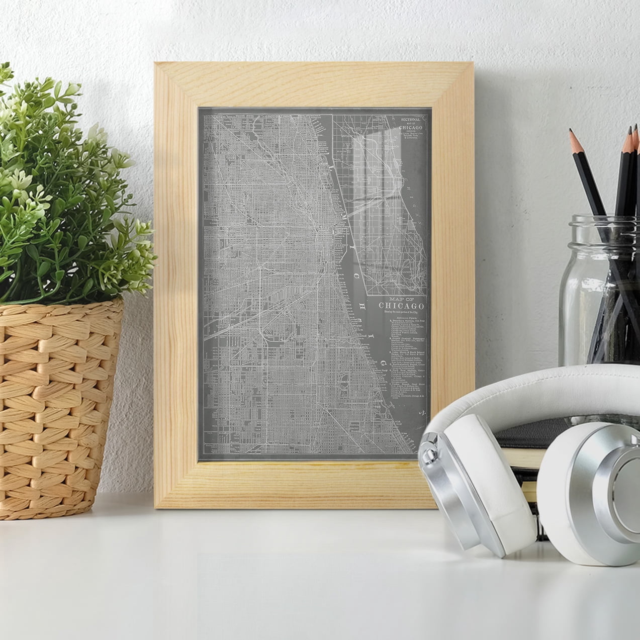 City Map of Chicago -Framed Print w/glass-Natural Wood
