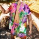 thumbnail image 2 of Conjunto casual de blusa y pantalones de playa de manga corta con estampado de botones para hombre Pompotops  oipoqjl36028, 2 of 5