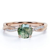 JeenMata 1 Carat Four Prong Setting Cathedral Round Shaped Opaque Milky White Moss Green Agate And Moissanite Semi Pave Infinity Twisted Shank Engagement Ring In 18K Rose Gold Plating Over Silver