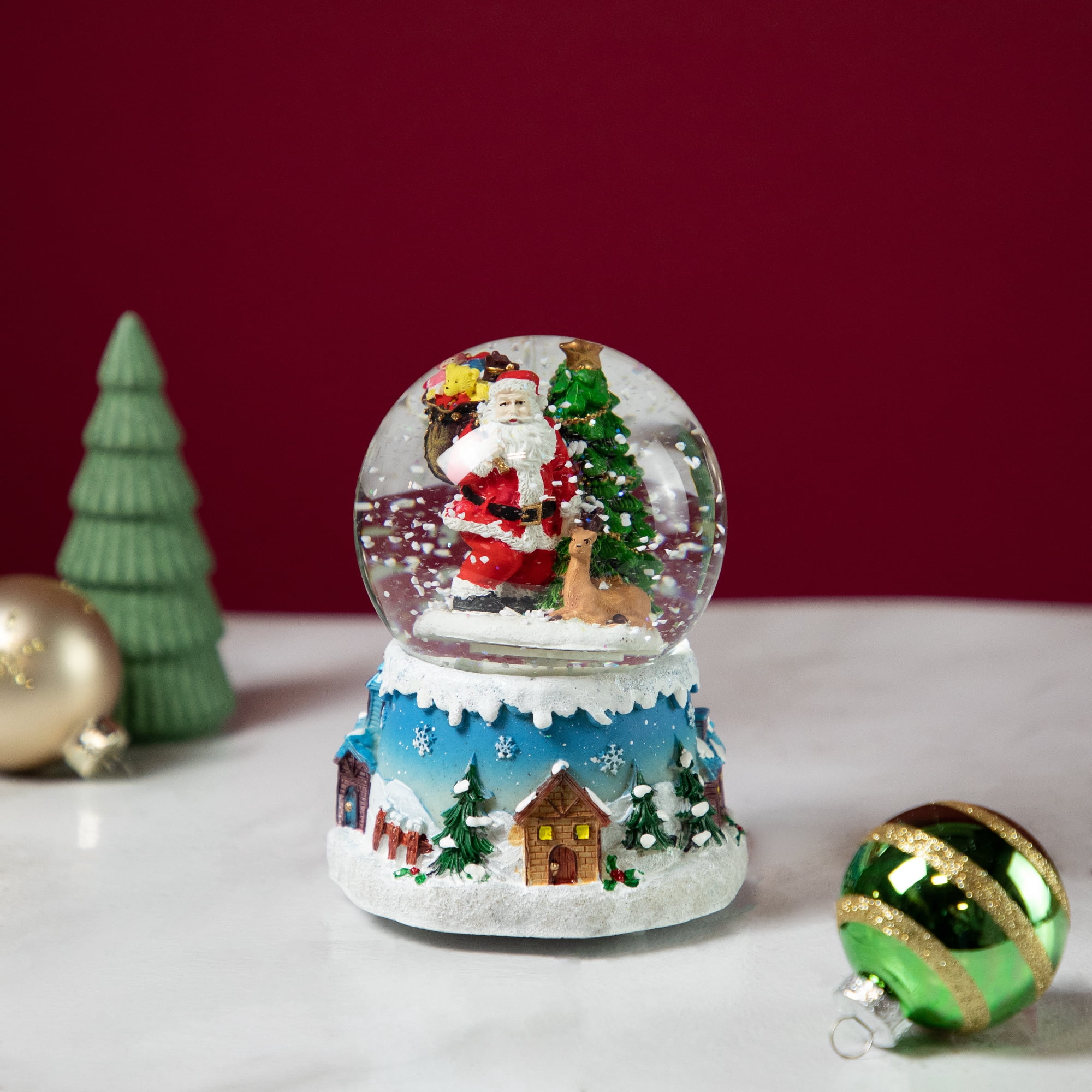 5.5" Santa Claus with Christmas Tree and Reindeer Swirling Snow Globe Glitterdome