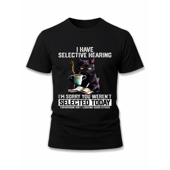 Greenink Selective Hearing Cat Tee men t shirt black top graphic Hip-hop streetwear Daily and weekend wear Funny Unisex Shirt Printed tshirts