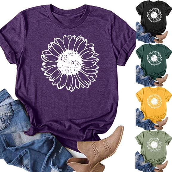 Trendfront Womens Summer Crew Neck Short Sleeve Tops Womens Plus Size Sunflower Tees Floral Graphic Printed Style T-Shirts