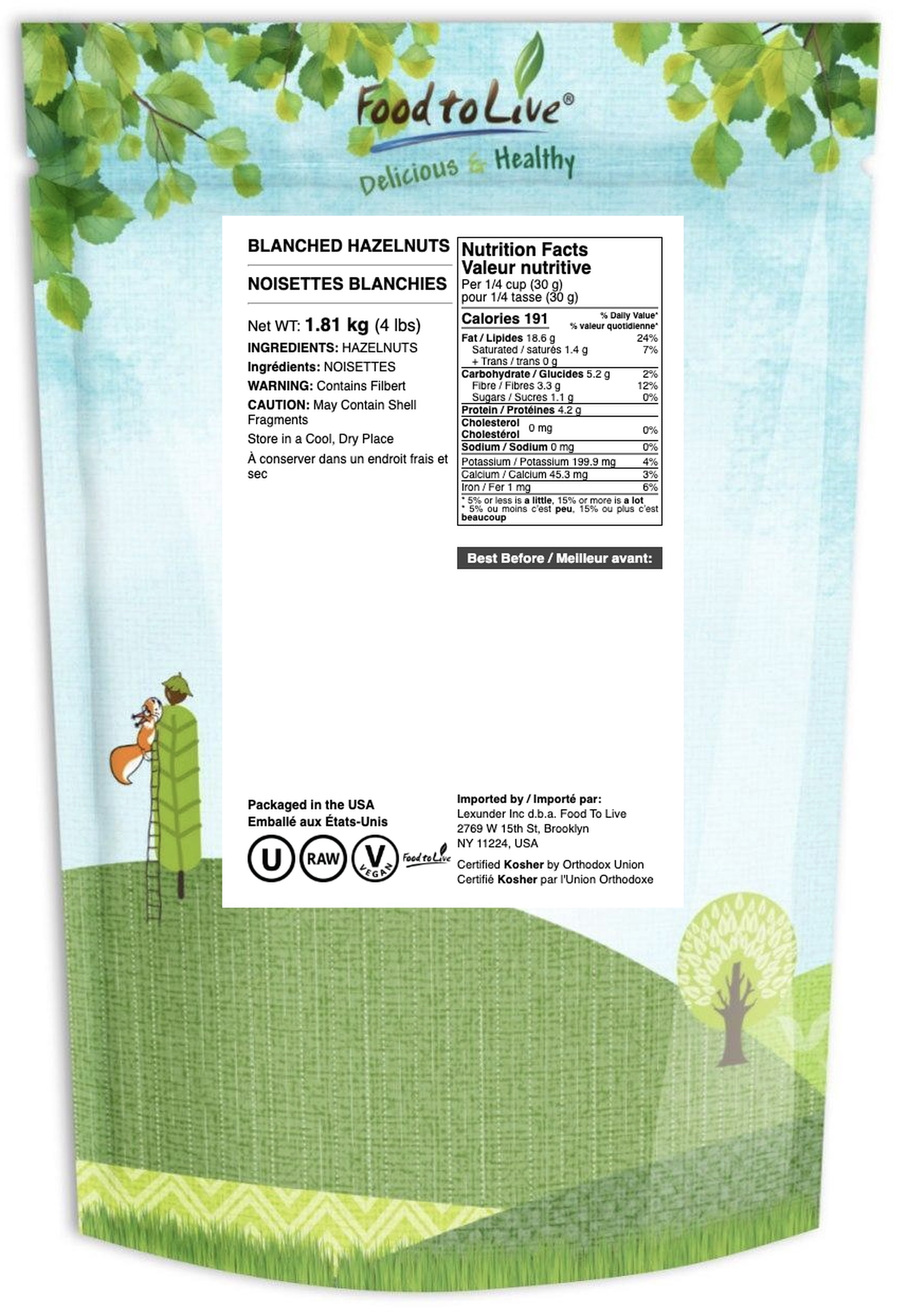 Blanched Hazelnuts, 4 Pounds — Kosher, Raw, Vegan — by Food to Live