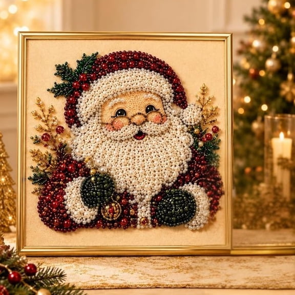 DIY Christmas Pearl Diamond Painting Art Kit with Frame, All-In-One Bead Craft Tool Pack For Beginners, Calming Leisure Project, Decorative Artwork For Living Room And Hallway Displays