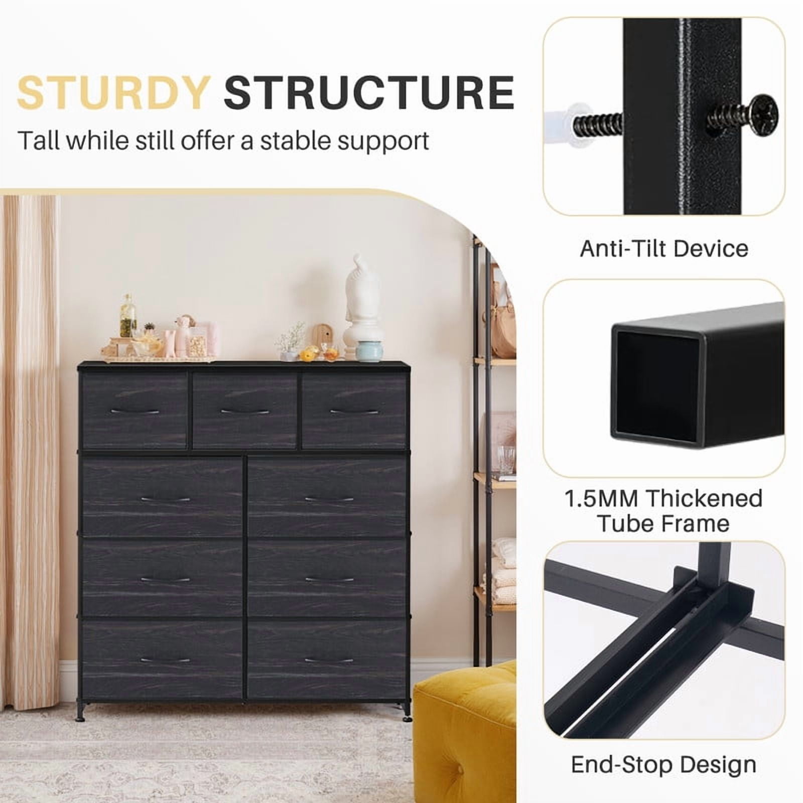 Simenmax 9 Drawers Dresser for Bedroom, Tall Fabric Closet Chests Organizer Tower Furniture with Wooden Top Metal Frame for Bed Room, Living Room, Hallway, Entryway,Black Wood